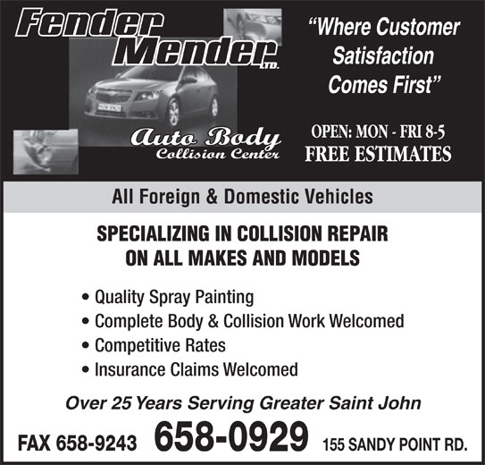 Fender Mender Auto Body Collision Center Ltd 155 Sandy Point Rd